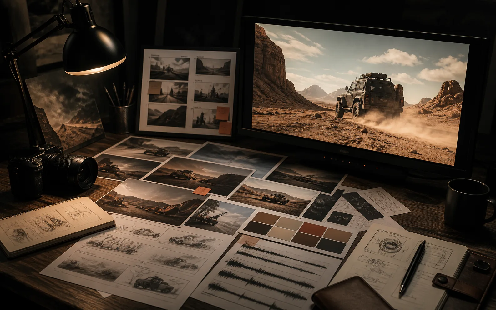A film director desk combining reference frames, audio notes, and a finished desert shot