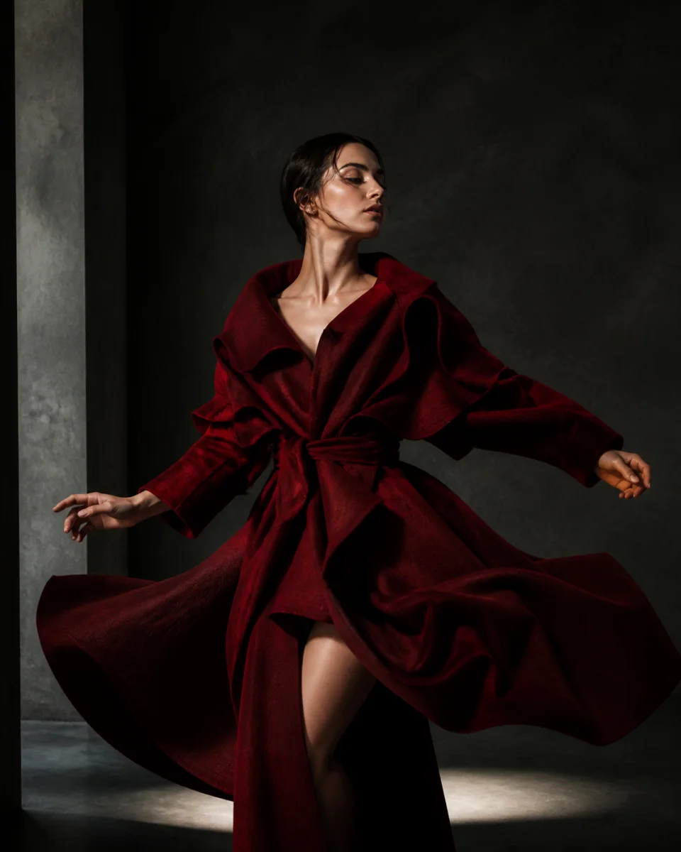 An editorial subject with natural hair and fabric motion